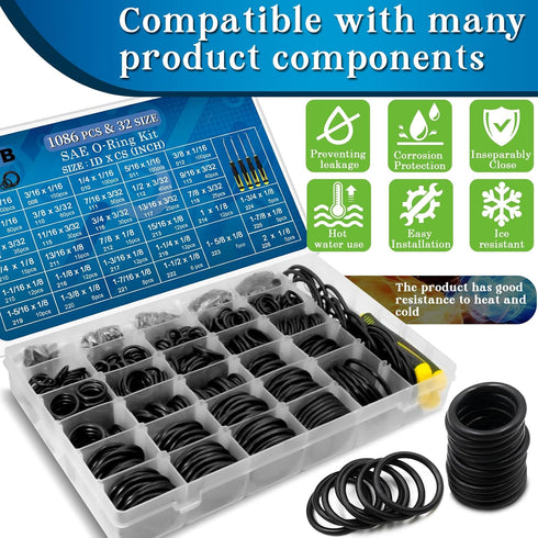 1086 Pcs SAE Standard O Ring Kit, Nitrile Rubber O-Rings Assortment with O‘Ring Pick for Hydraulic Automotive Repair