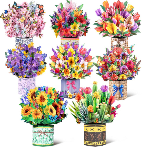 8 Pack 3D Magic Ants Pop Up Flower Bouquet Cards Assortment Beautiful Spring Floral Greeting Cards with Envelopes