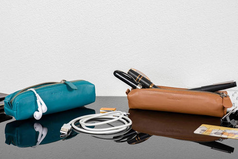 Leather Zippered Fountain Ballpoint Rollerball Pens and Pencils Case Holder Genuine Full Grain Soft Nappa Leather Tan