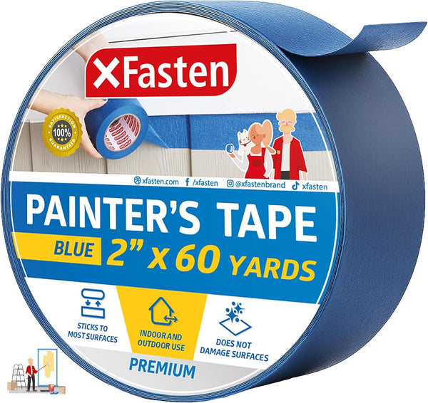 XFasten Professional Blue Painters Tape | Sharp Edge Line Technology, 2" by 60 Yards, Residue-Free Artisan Grade