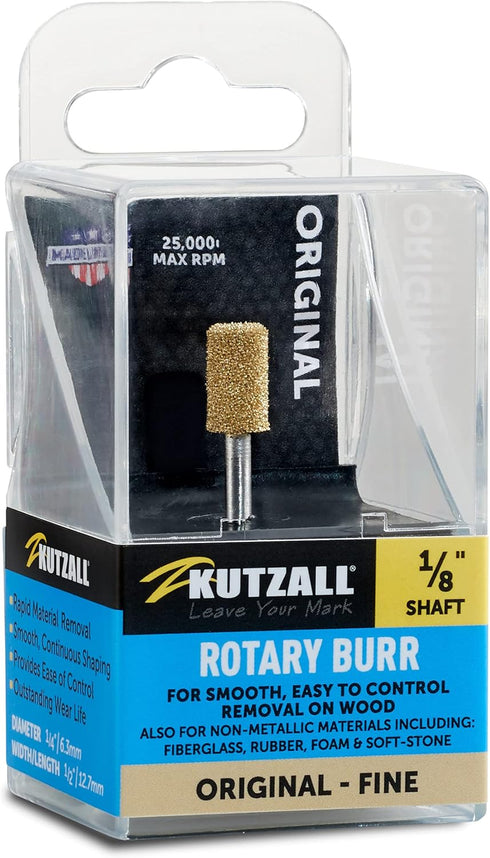 Kutzall Original Cylinder Rotary Burr, 1/8" Shaft, Fine, 1/4" Dia. x 1/2" Length, Woodworking Attachment