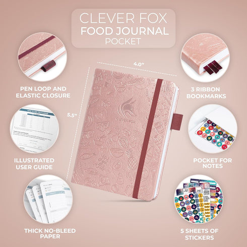 Clever Fox Food Journal Pocket, Daily Food Diary and Meal Planner to Track Calories & Nutrients, 4x5.5” (Rose Gold)