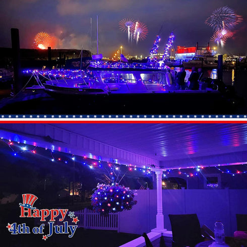 200 66ft 4th 8 4th JMEXSUSS LED Red White and Blue Lights Outdoor, Expandable Waterproof of July Lights, Modes