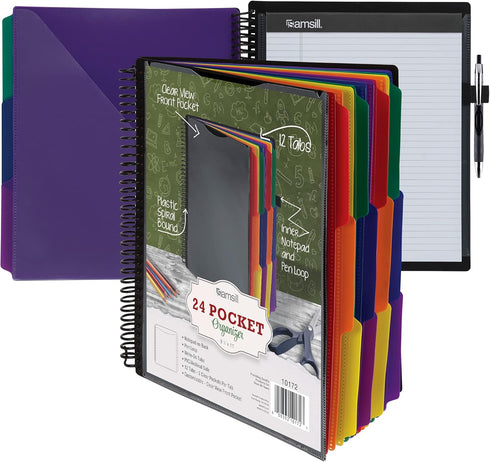 Samsill Deluxe 24 Pocket Spiral Project Folder, 12 Dividers, Customizable Front Cover, Multi Colors Plastic Folders