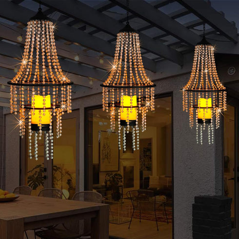 BAYN 28H Hanging Candle Chandelier Outdoor, Battery Operated Clear Acrylic Beaded Chandelier with Flickering Led Candle