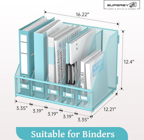 SUPEASY Desk Organizers Metal Magazine File Holder with 5 Vertical Compartments for Office Desktop, Blue Plus