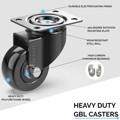 GBL 2" Heavy Duty Caster Wheels without Brakes + Screws - up to 440Lbs - Set of 4 No Floor Marks Silent Castor for Furniture - Rubbered Trolley or Pallet Swivel Wheels - Black Casters