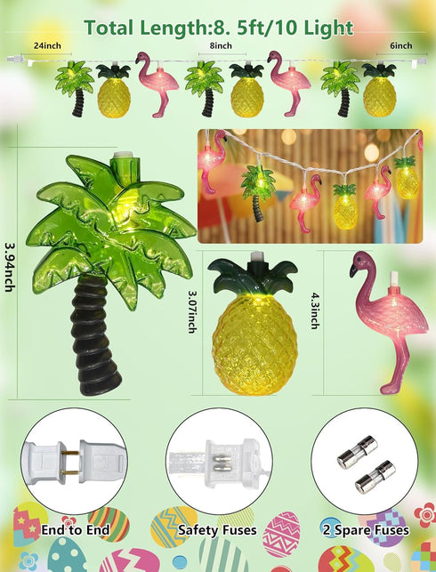 8.5Ft Summer 10 Beach Hawaiian String Lights Outdoor with LED Flamingo Pineapple Palm Tree Lights, Plug in Tropical