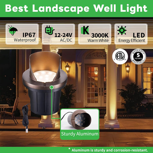 3000K, 12V IP67 Low Voltage Landscape Well Lights Outdoor, LED In-Ground Lights Warm White Waterproof Anti-Glare