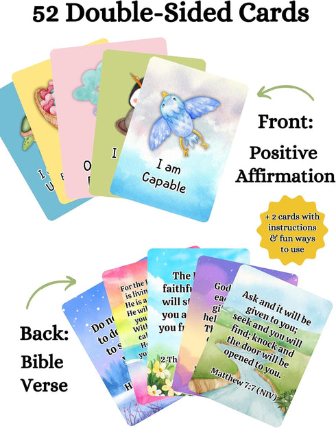 52 Christian Biblical Affirmation Cards for Kids, Affirmations with Bible Verse on Back, Scripture Memory Cards, Bible