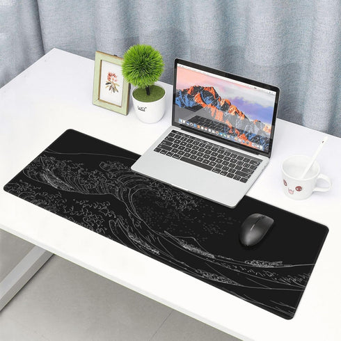 Japanese Sea Wave Large Mouse Pad, Anime Black Gaming Desk Pad, 3mm Thick Non-Slip Rubber Base, 31.5 x 11.8 Inch
