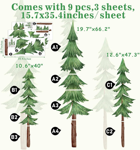 Large Pine Tree Wall Decals Peel and Stick Watercolor Extra Large Tree Wall Decal Forest Nature Green Trees Stickers