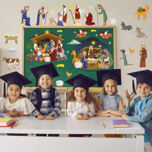BBTO 65 Pcs Christmas Nativity Bulletin Board Decorations Set, Religious Nativity Scene Cutouts for Xmas Party