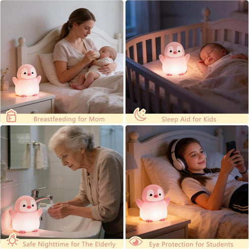 Lamp,Rechargeable/Dimmable/Timer,Room Penguin Night Light for Kids,Cute Pink Penguin Lamp,Soft Silicone Nursery