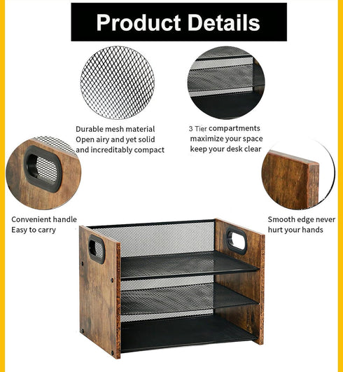 Wood Desk Organizer - 3 Tier Paper Organizer, File Organizer, Document Organizer for Office Desk Accessories