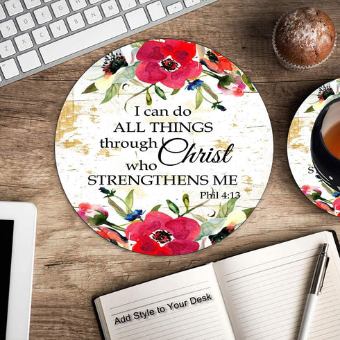 Round Mouse Pad and Coasters Set | Philippians 4-13 Scripture Inspirational Red Watercolor Flowers Mousepad
