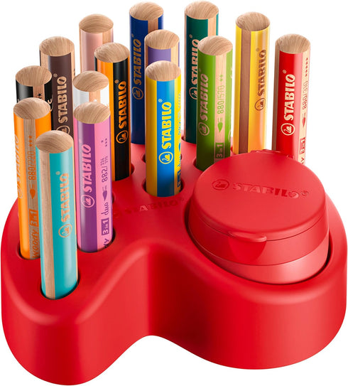 STABILO Multi-Talented Pencil Woody 3 in 1, Deskset of 15, 10 x Woody, 2 x Woody Pastel, 3 x Woody Duo
