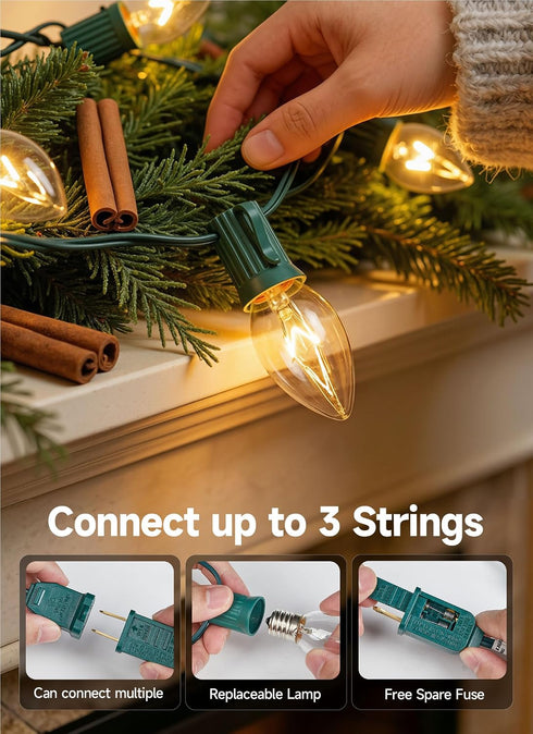 C9 25FT 25 Bulbs C9 Minetom Clear Christmas String Lights, Bright & Warm Outdoor Christmas Lights, Long Life String