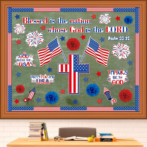 Pajean 67 Pcs God Bless American Bulletin Board Set, Patriotic Christian Classroom Decoration with American Flag Cross
