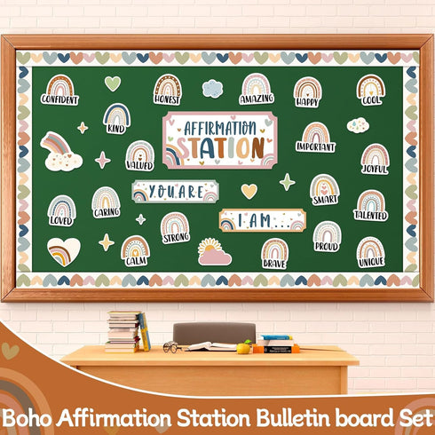 BOHO Affirmation Station Bulletin Board Set - Rainbow Motivational Posters and Inspirational Cutouts for Classroom