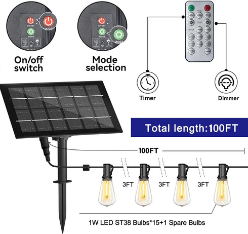 100FT 8 ST38 Bulb 30 Stright Solar Powered String Light with Remote Control Light Modes, Weatherproof Shatterproof LED
