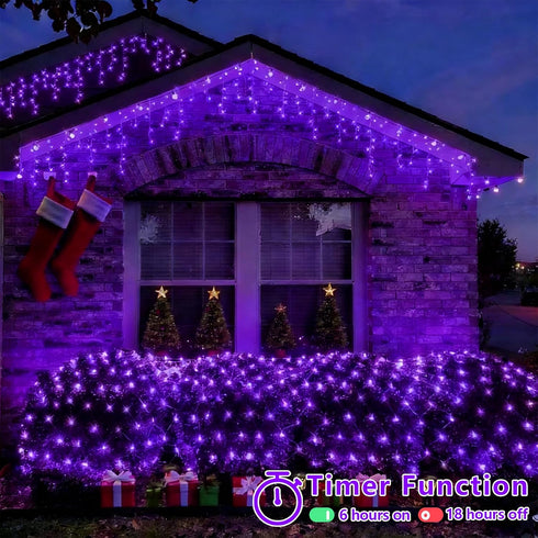 360 12ft 5ft 8 QITONG Purple Net Lights Outdoor Mesh Lights, LED x Christmas Net Light with Modes, Clear Wire Bush