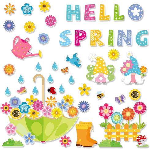Konsait Spring Bulletin Board Decorations, 68Pcs Set, Big Umbrella Flowers, Waterdrop Cutouts for Classroom