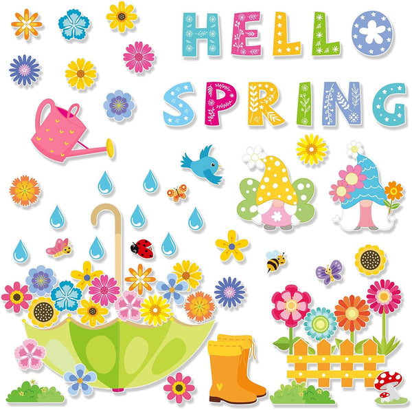 Konsait Spring Bulletin Board Decorations, 68Pcs Set, Big Umbrella Flowers, Waterdrop Cutouts for Classroom