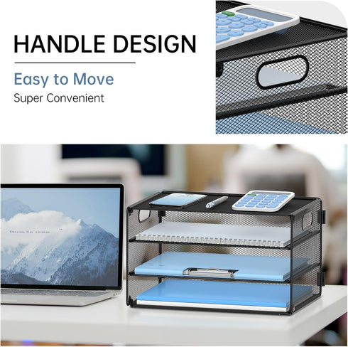 DALTACK 3 Tier Letter Tray Paper Organizer with Handle, Mesh Desk File Organizer for School, Office, Black