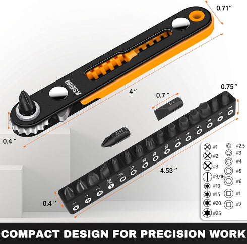KSEIBI 181787 Mini Ratchet Wrench Set, 18-Piece 1/4" Drive Tool Kit with Durable Right Angle Screwdriver Bits