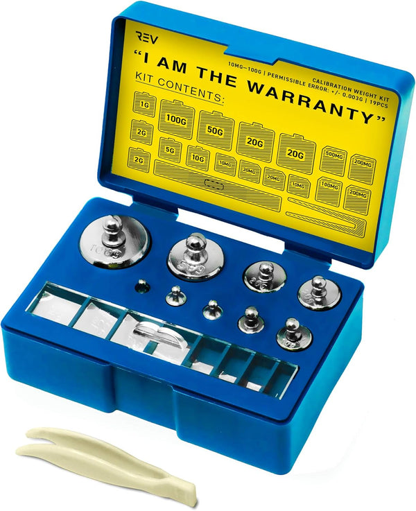 19 pcs Calibration Weight Set 100g – 10mg with Tweezers and Presentation Box for Accurate Precision Balancing