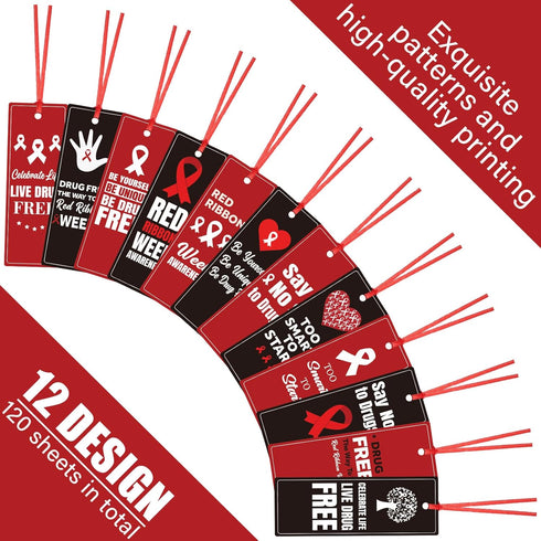 Qilery 120 Pcs Red Ribbon Week Drug Free Bookmarks, Awareness Bookmarks with Ribbon for Charity Event