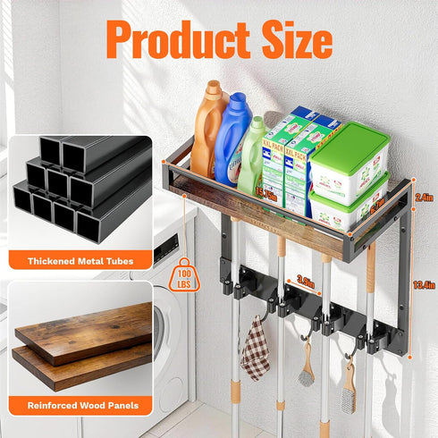 66LBS 4 3 Closet, 1 Pack Broom Holder Wall Mount with Shelf Load Broom and Mop Organizer Wall Hanging Broom Hanger