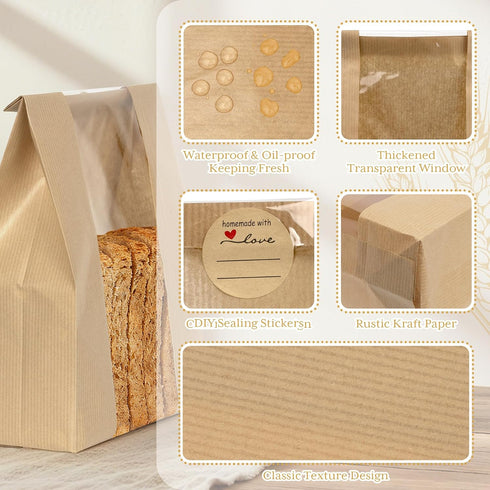 200 240 14x8.3x3.5 inches Bread Bags for Homemade Bread, Pcs Sourdough Bags with Window and Sealing DIY Stickers, Large