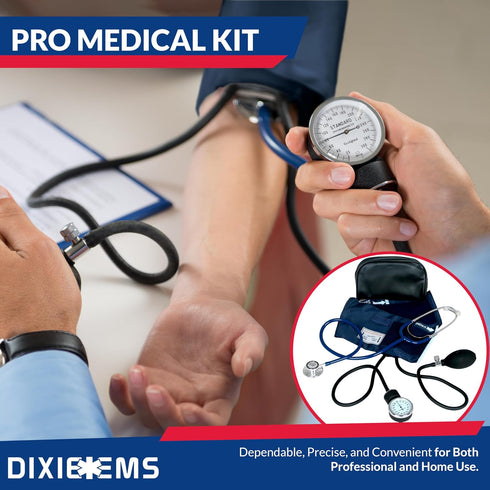 Set Dixie EMS Aneroid Sphygmomanometer and Dual Head Stethoscope with Adult Size Blood Pressure Cuff, Calibration Key