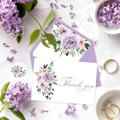 50 Pack JarThenaAMCS Purple Floral Thank You Cards Pink Purple Flower Greeting Cards With Envelopes Stickers Watercolor