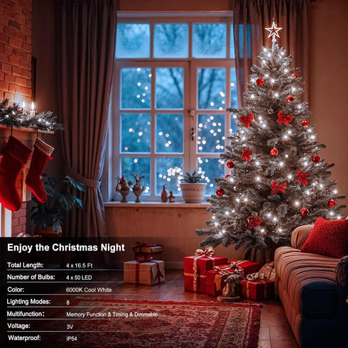 4 Pack 66Ft 200 8 ZAIYW String Lights Battery Operated, Total LED Christmas Lights with Remote Timer Modes Fairy String