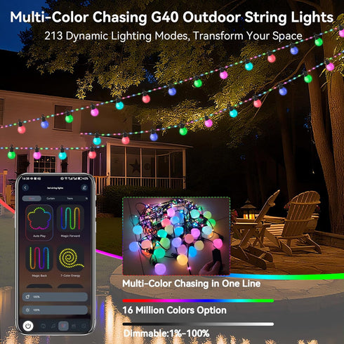 65.6Ft, IP67 26 G40 Bulbs, 5V Smart Outdoor String Lights RGB IC Color Changing LED Patio Light Waterproof with Remote
