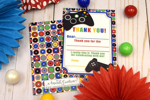 Game On Video Gamer Themed Thank You Notes for Kids - Ten 4" x 5.5" Fill in the Blank Cards with 10 White Envelopes