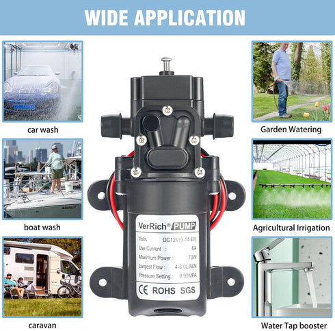 VerRich 12V Diaphragm Pump, 70W 6A Self Priming Sprayer Pump, 6 L/Min 0.9MPA 131 PSI for RV, Camper, Marine, Garden