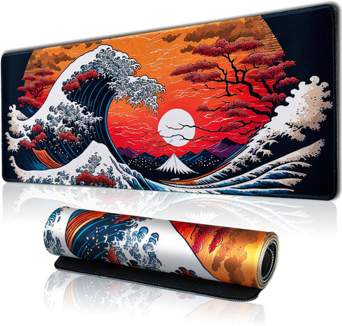 Japanese Sea Waves Large Gaming Mouse Pad, Waterproof Desk Mat, Non-Slip Rubber Base, 31.5x11.8 Inch