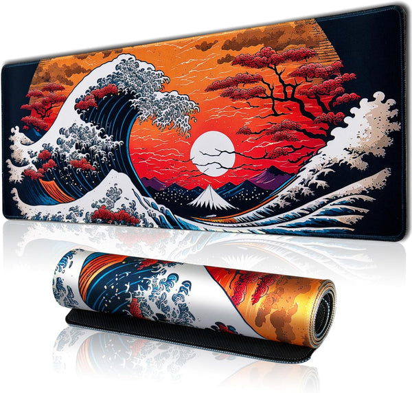 Japanese Sea Waves Large Gaming Mouse Pad, Waterproof Desk Mat, Non-Slip Rubber Base, 31.5x11.8 Inch