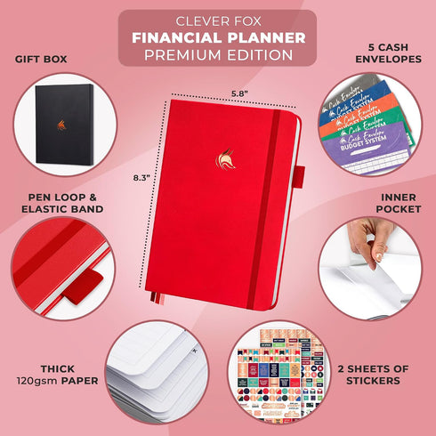 5 A5 Clever Fox Budget Planner Premium Edition Expense Tracker Notebook + Cash Envelopes, Budget Planner Organizer;