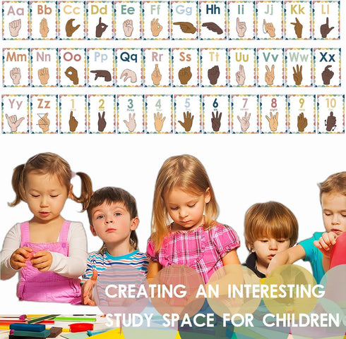YIYDONG Sign Language Bulletin Board Letters, 36 ASL Alphabet Learning Cards Set for Classroom Decor