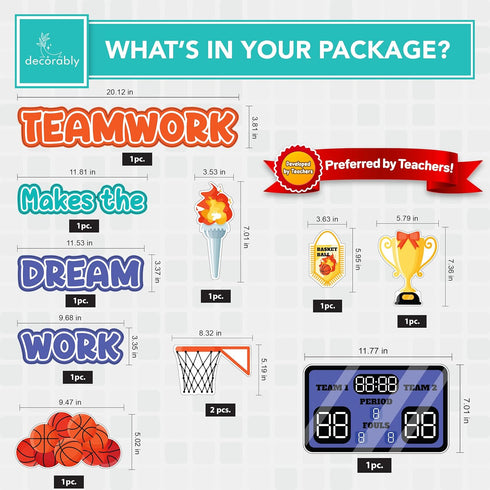 Decorably 47 Pcs Basketball Classroom Decor Set - Borders, Bulletin Board Decorations, Basketball Cutouts for Classroom