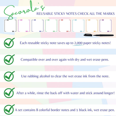 Reusable Sticky Notes 3x3, Work from Home Essentials Pack, Set of 8 Dry Erase Sticky Notes with Wet Erase Pen, White