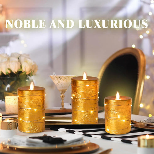 11-Button 24-Hour Da by Gold Flameless Candle, Battery-Powered Candle with Recessed String Light, LED Candle