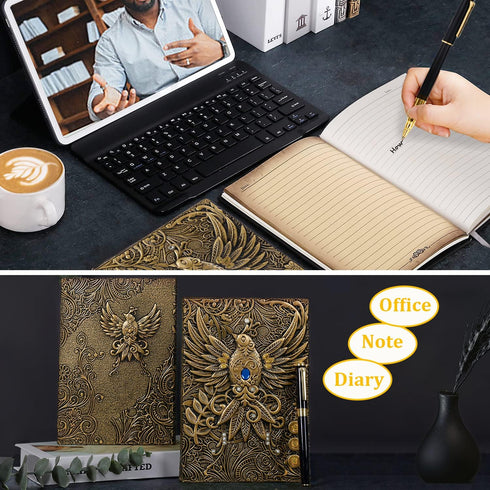Vintage Phoenix Embossed Leather Notebook, Daily Travel Journal with Black Ballpoint Pen and Pen Sleeve, Antique