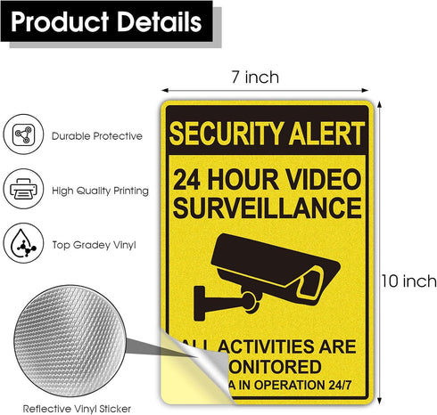 Soslina 2 Pack 10x7 Inch 24 Security Signs Video Surveillance Sign, Non Metal Vinyl Stickers, Hour Security Camera