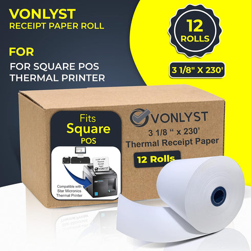 Receipt Paper Roll 3 1/8 x 230 for Square Register and Square POS System, Pack of 12 Rolls -